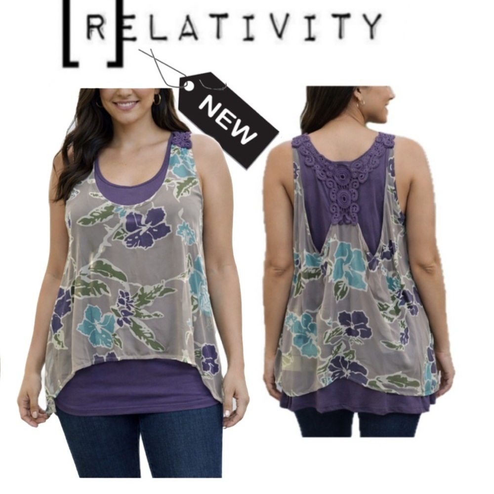 NWT relativity lavender tank top with sheer overlay size L